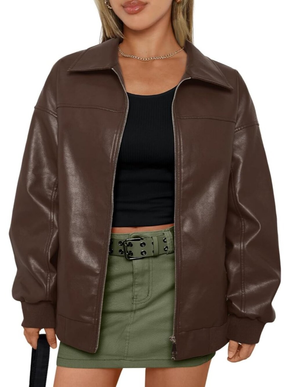 Women's Brown Polyester Oversized Zip Up Trendy Fashion Winter Leather Jacket